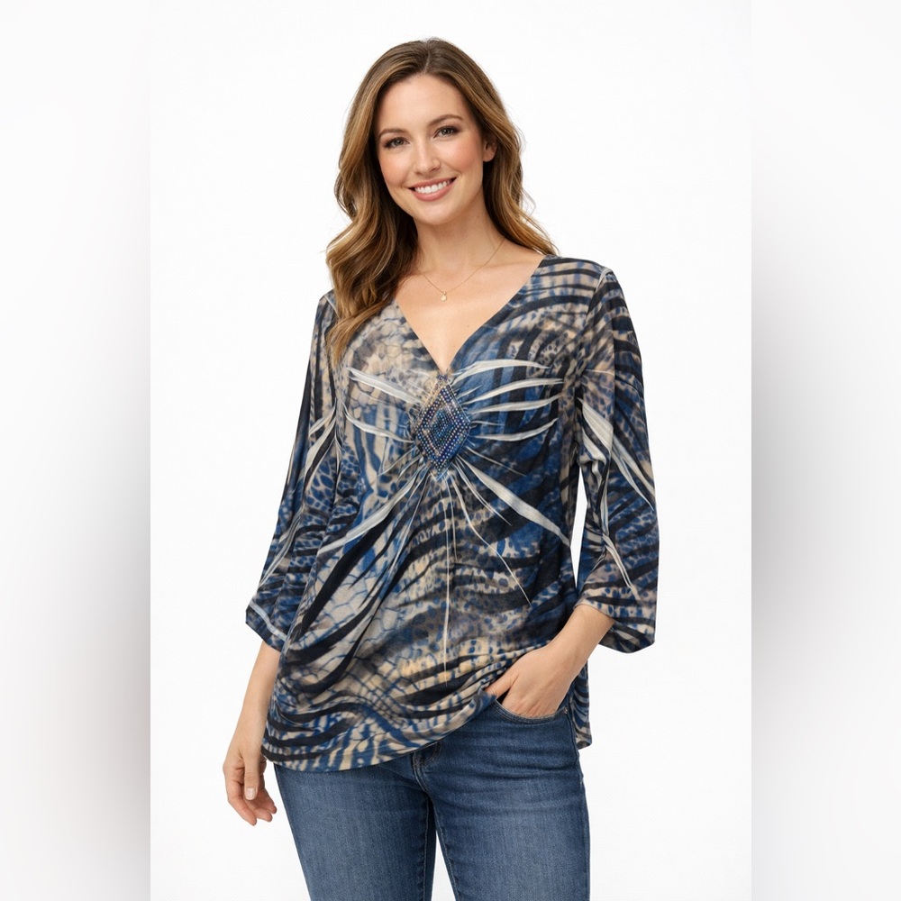 Chico’s Blue Animal Print Blouse Rhinestone Embellished V-Neck Boho Chic Sz 3